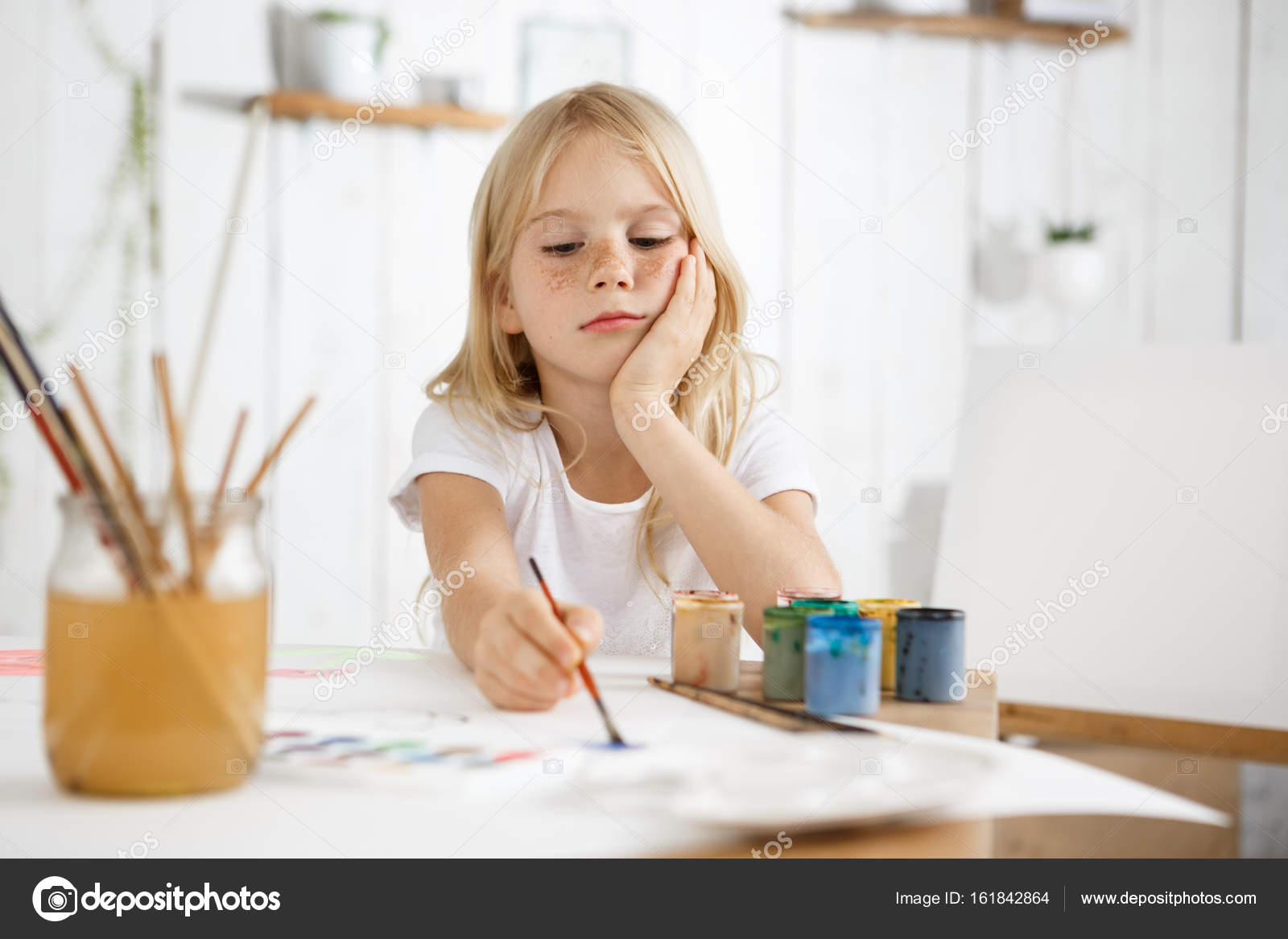 Blonde Hair With Freckles Portrait Of Little Girl With Blonde