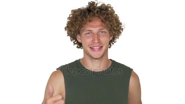 Caucasian Curly Cheerful Guy With Green Eyes Looking On Camera