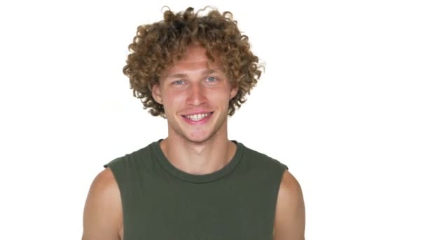 Picture Of Young Blond Curly Man With Green Eyes Posing On Camera