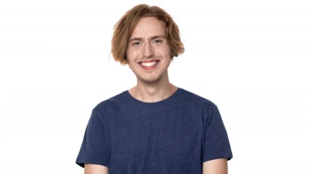 Portrait Of Joyous Hairy Man In Casual T Shirt Laughing With Perfect Teeth And Expressing Joy Isolated Over White Background Concept Of Emotions Stock Portrait Of Joyous Hairy Man In Casual T Shirt Laughing With Perfect Teeth And Expressing Joy Isolated Over White Background Concept Of Emotions Stock