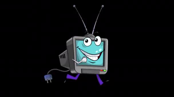 Projíždím Animovanou Televizi Animace Smyčky Antropomorfního Usměvavého Běžícího Charakteru Televizního — Stock video