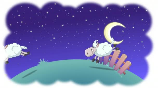 フェンスのアニメーションを飛び越える羊 フェンスの上をジャンプする小さな白い羊のループ漫画のアニメーション 手描きのコマ撮り2次元アニメーション あなたのアニメーションのポストカード プレゼンテーション または — ストック動画