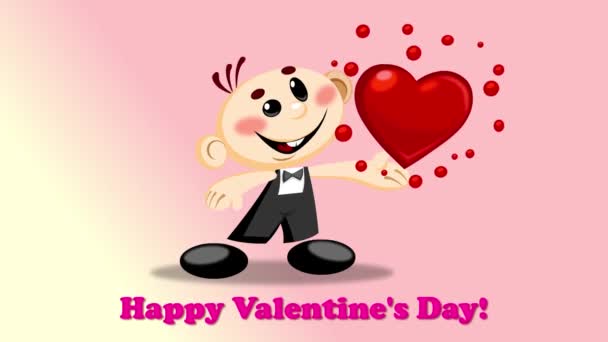 Chico Dibujos Animados Dando Corazón Bueno Para Tarjeta San Valentín — Vídeo de stock