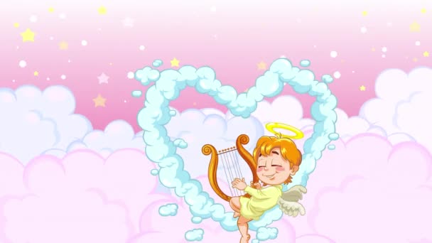 ハープでキューピッド演奏 ハート型の雲の上に座り ハープでラブソングを演奏する赤ちゃん天使の漫画アニメーション バレンタインカードやロマンスビデオのために良い — ストック動画