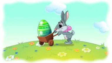 Paskalya tavşanları renkli yumurtalarla sepetin içinde koşuyorlar.