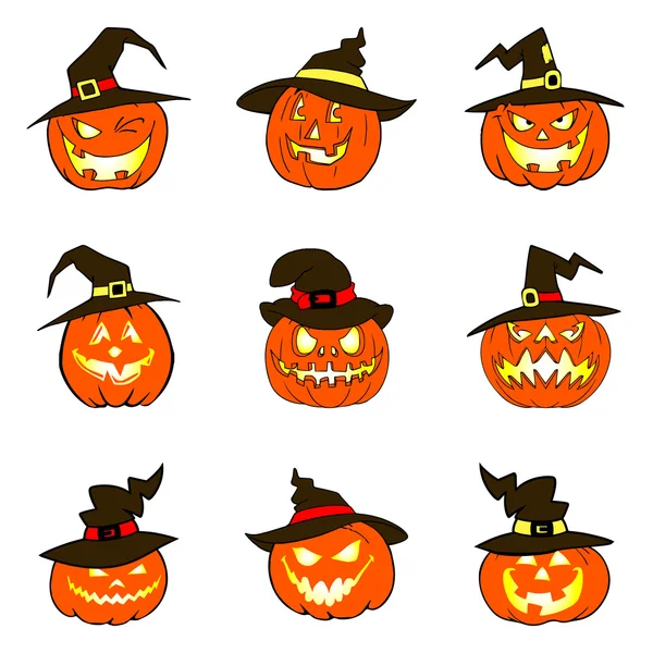 Conjunto de calabazas de halloween con sombrero — Archivo Imágenes Vectoriales