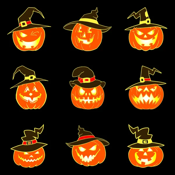 Conjunto de calabazas de halloween con sombrero — Archivo Imágenes Vectoriales