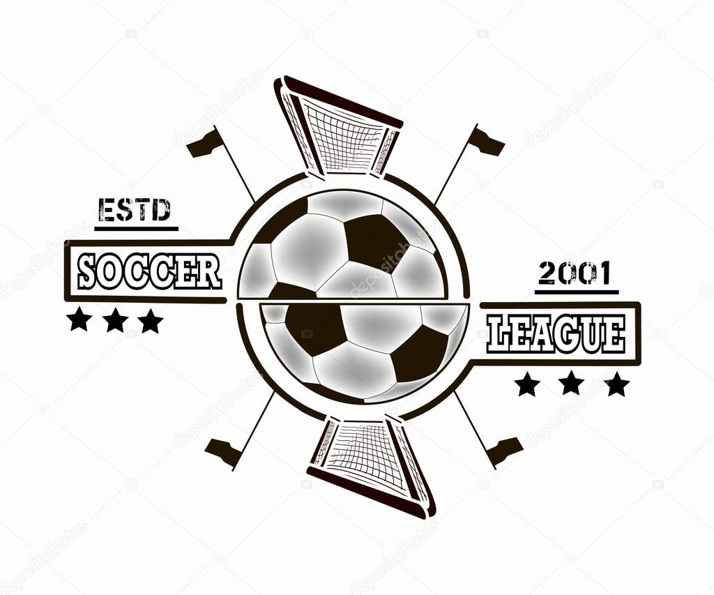 Logo soccer league with gates and flags on corner kick on the background of a soccer ball. Vector illustration