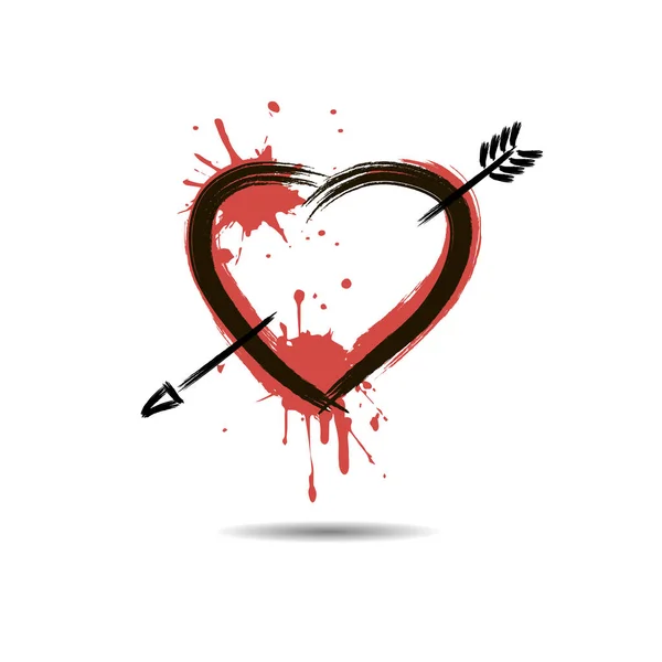 Coração abstrato com seta desenhada à mão com tinta borrões — Vetor de Stock