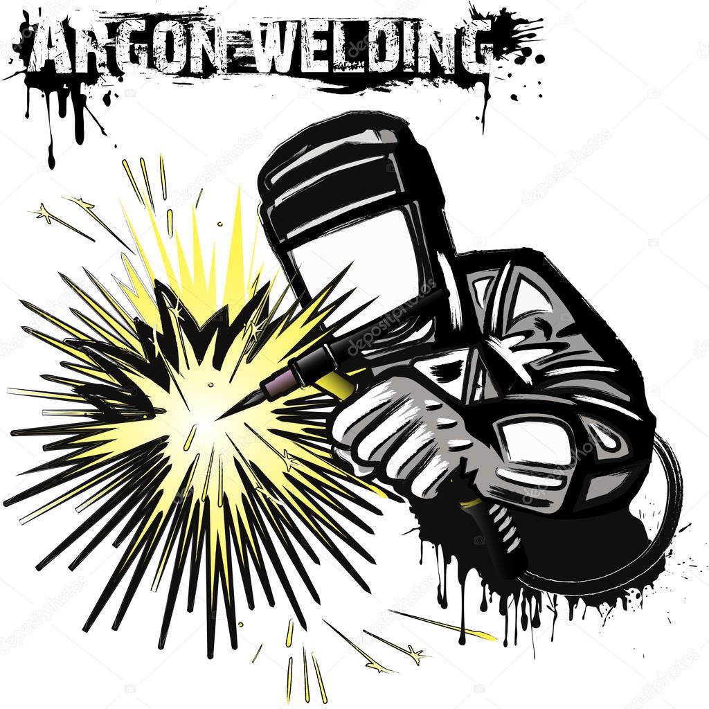 Welder in a mask performing argon welding of the metal. White background. Vector illustration