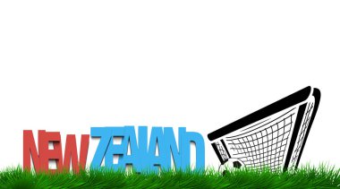 Gate civarındaki çimlerde word Yeni Zelanda ve futbol topu