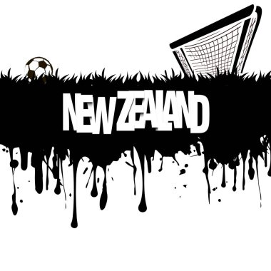 Grunge afiş suluboya mürekkep ve lekeleri dan. Bir futbol topu ve kapı ile Word Yeni Zelanda