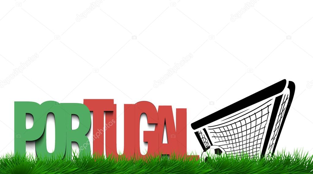 Word Portugal and soccer ball in the gate on the grass. Vector illustration