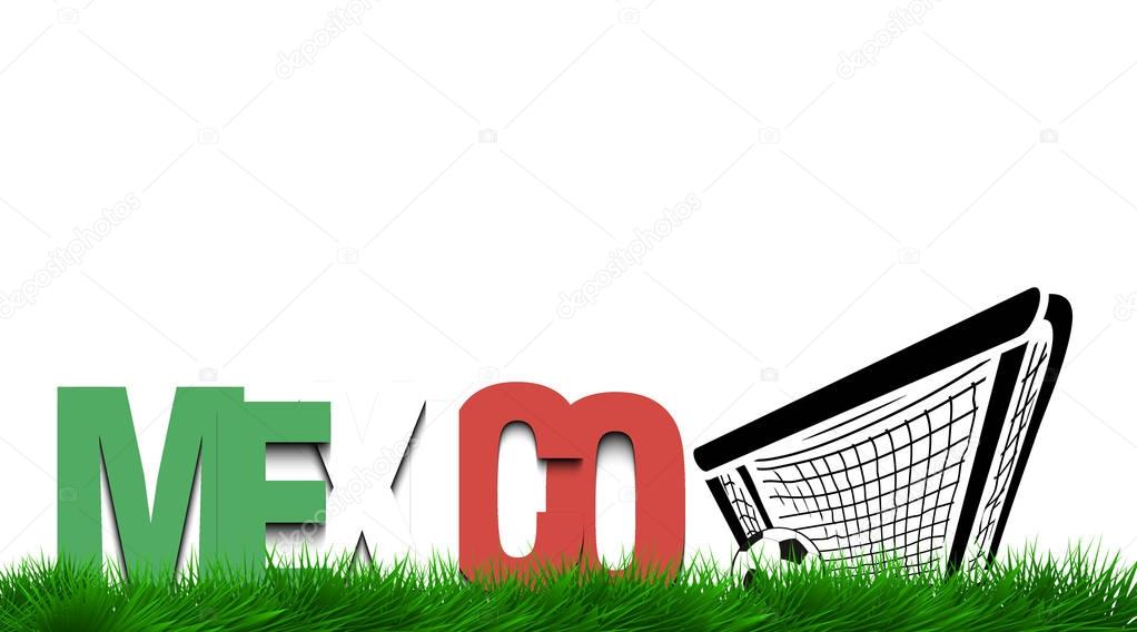 Word Mexico and soccer ball in the gate on the grass. Vector illustration