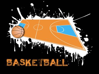 Basketbol topu ve alan arka plan boya lekesi üzerinde