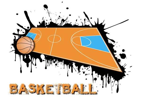Balle et terrain de basket sur fond de taches de peinture — Image vectorielle