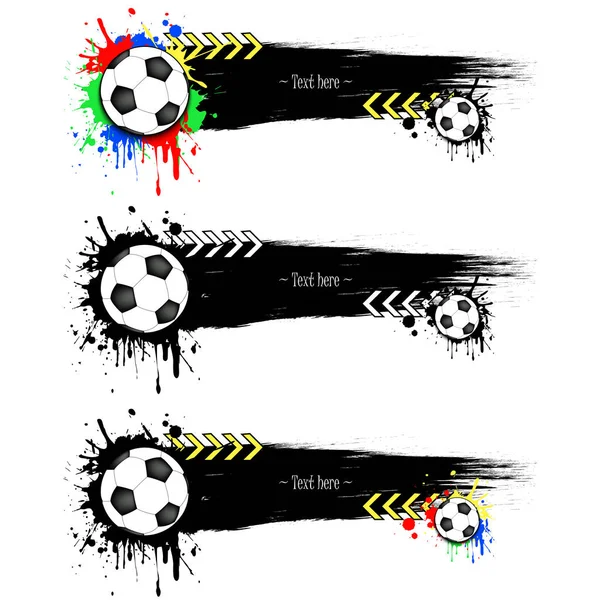 Set banner grunge con macchie e palloni da calcio — Vettoriale Stock
