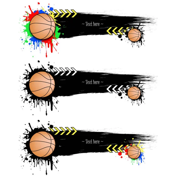 Definir banners grunge com manchas e bolas de basquete — Vetor de Stock