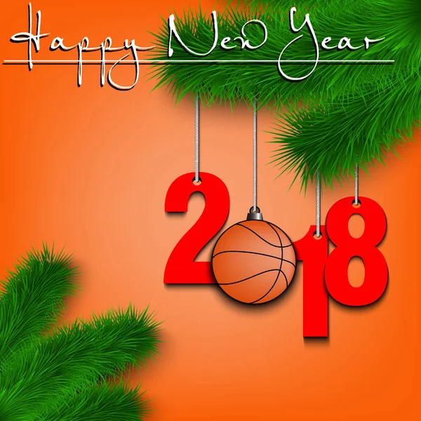 Basketbal ballen en 2018 op Christmas tree branch — Stockvector