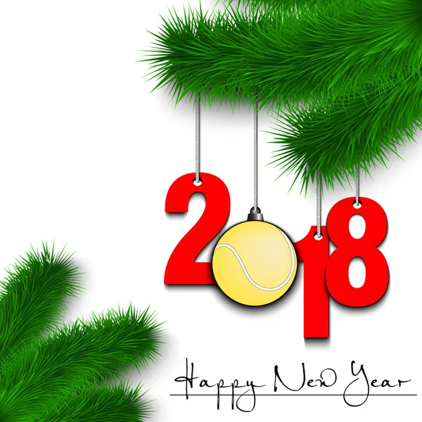 Balle de tennis et 2018 sur une branche d'arbre de Noël — Image vectorielle
