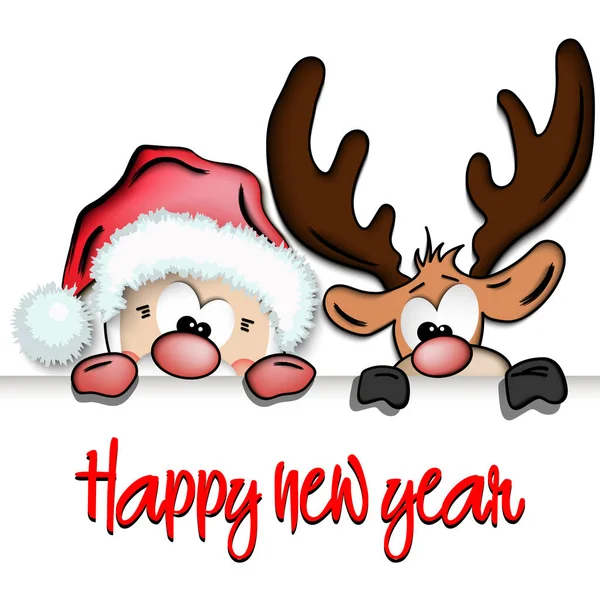 Feliz ano novo e engraçado Papai Noel e renas —  Vetores de Stock