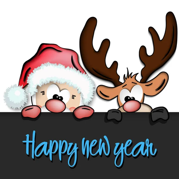 Feliz ano novo e engraçado Papai Noel e renas —  Vetores de Stock