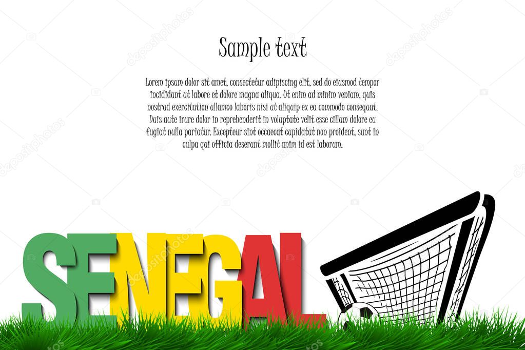 Word Senegal and soccer ball in the gate on the grass. Vector illustration