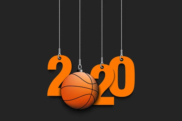 2020 Yeni Yıl ve iplere asılı basketbol topu — Stok Vektör