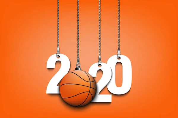 2020 Yeni Yıl ve iplere asılı basketbol topu — Stok Vektör
