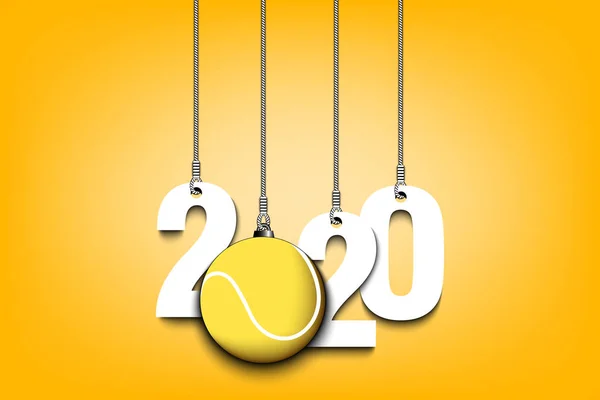 2020 Nyår och tennisboll hängande på strängar — Stock vektor
