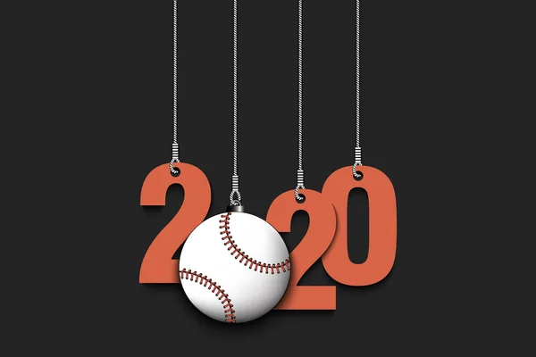 2020 Año Nuevo y pelota de béisbol colgando de las cuerdas — Archivo Imágenes Vectoriales