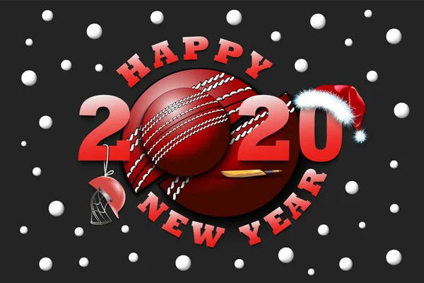 Feliz año nuevo 2020 y la pelota de cricket — Vector de stock