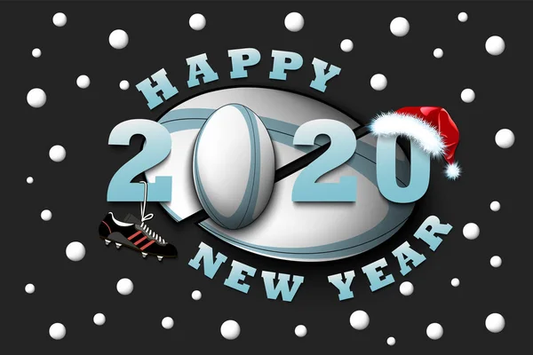 Feliz año nuevo 2020 y pelota de rugby — Vector de stock