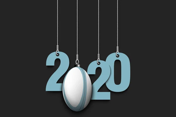 2020 Año Nuevo y pelota de rugby colgando de las cuerdas — Vector de stock