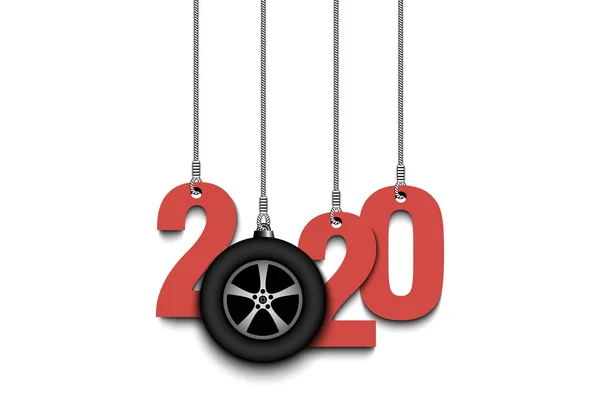 2020 Nytt år och bilhjul hängande på strängar — Stock vektor