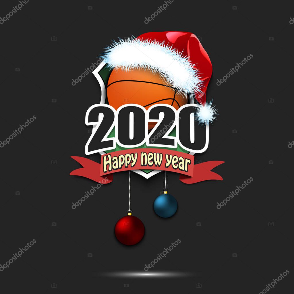 Happy new year 2020. Basketball logo template design. Basketball ball in santa hat. Pattern for banner, poster, greeting card, party invitation. Vector illustration