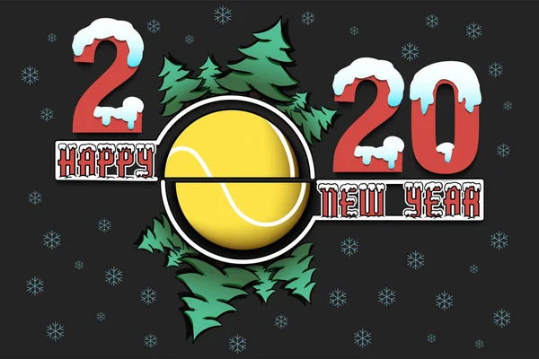 Feliz año nuevo 2020 y pelota de tenis — Vector de stock