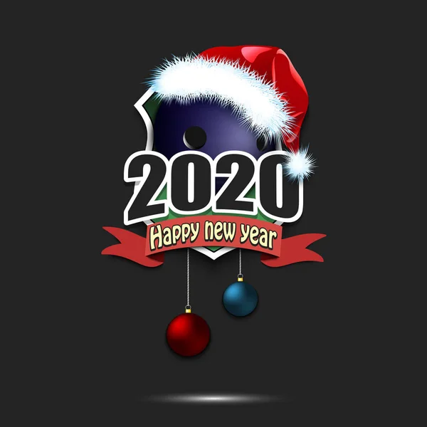 Feliz ano novo 2020 e bola de boliche em santa hat — Vetor de Stock