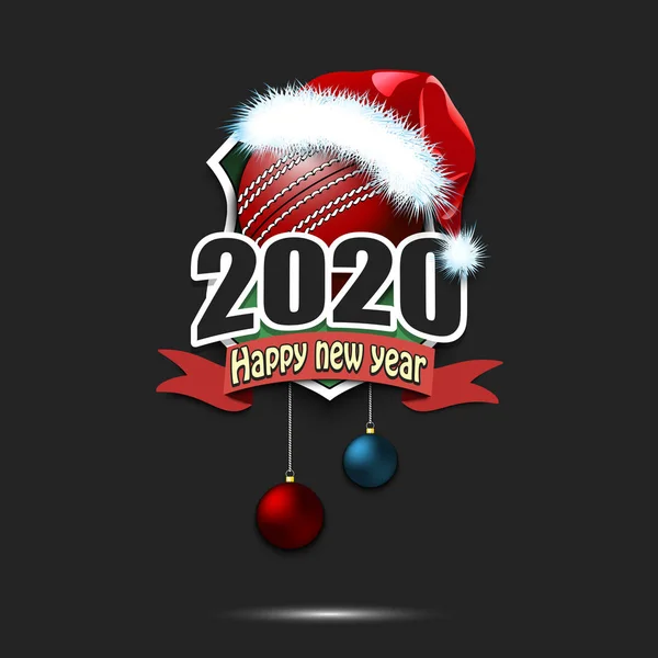 Feliz año nuevo 2020 y bola de cricket en sombrero de santa — Vector de stock