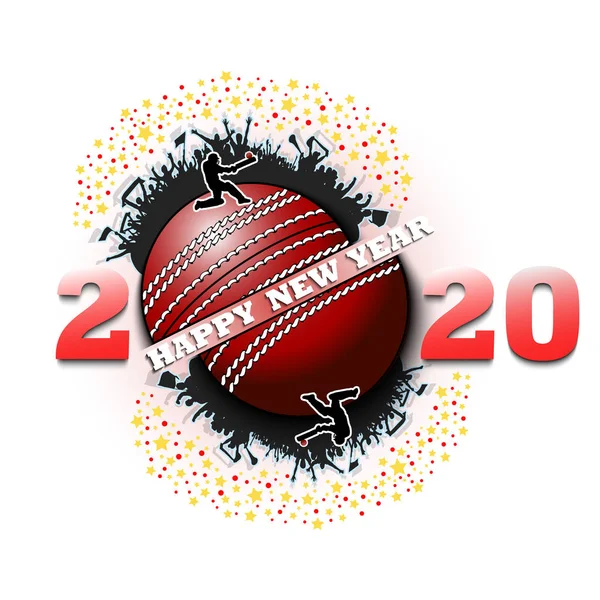 Feliz año nuevo 2020 y la pelota de cricket — Vector de stock