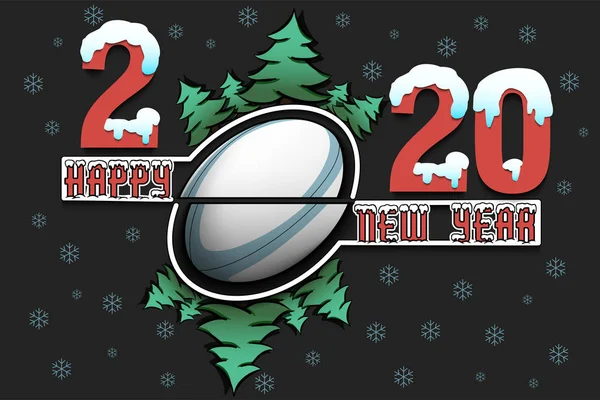 Feliz año nuevo 2020 y pelota de rugby — Vector de stock