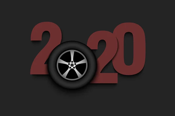 2020年新年数字和汽车车轮 — 图库矢量图片