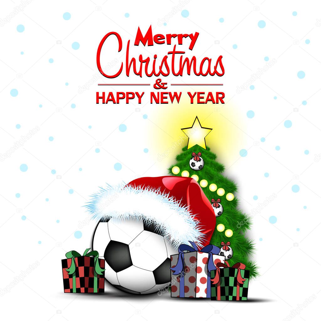 Happy New Year. Soccer ball and Christmas tree