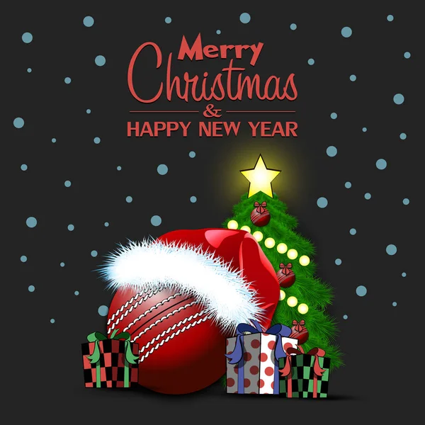 Feliz Año Nuevo. Pelota de cricket y árbol de Navidad — Vector de stock
