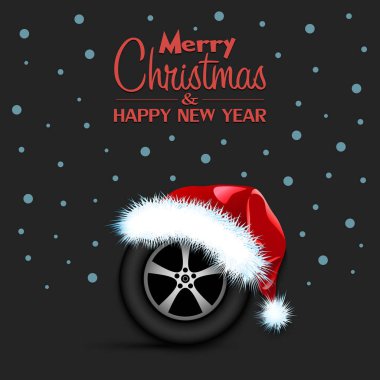 Yeni yıl ve Noel Baba şapkalı araba tekerleği