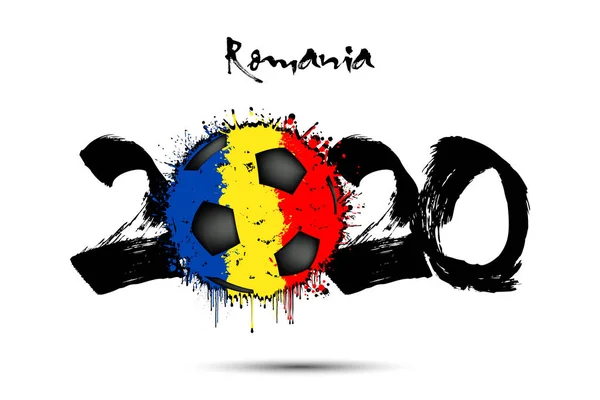 2020 e bola de futebol na cor da bandeira da Romênia — Vetor de Stock