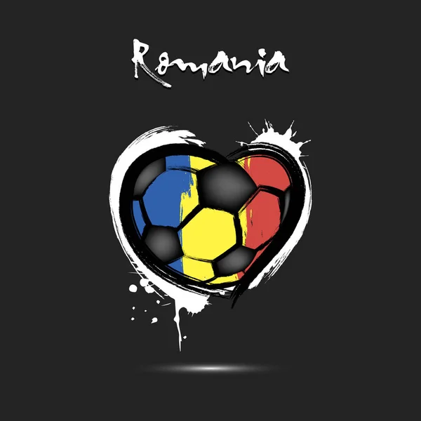 Fotbalový míč ve tvaru srdce v barvě rumunské vlajky — Stockový vektor