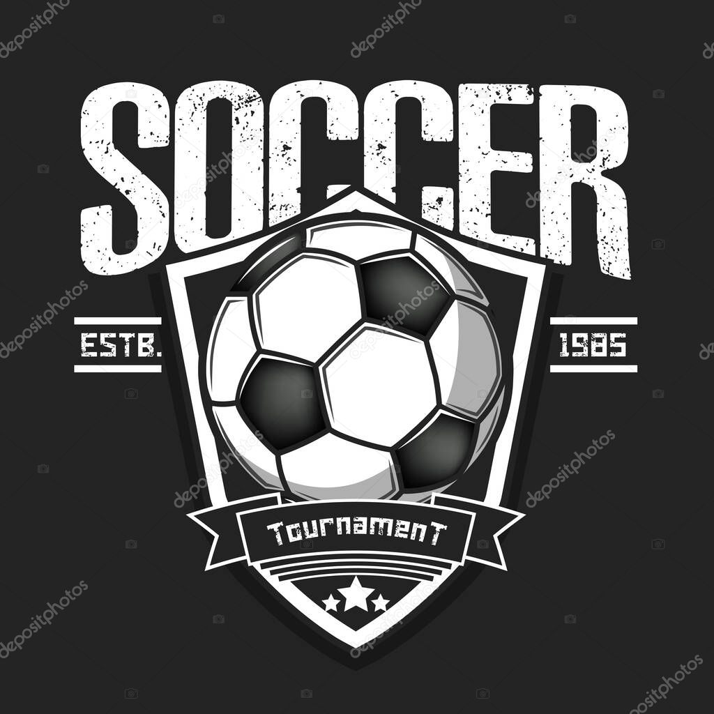 Soccer logo design template. Football emblem pattern. Vintage style on isolated background. Print on t-shirt graphics. Vector illustration