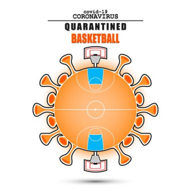 Koronovirüs hücre işaretinin arka planında basketbol sahası