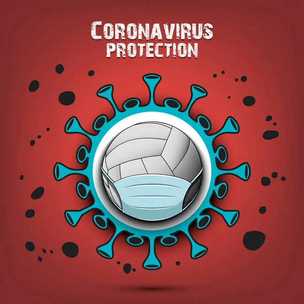Coronavirus skilt og volleyball med beskyttelsesmaske – stockvektor